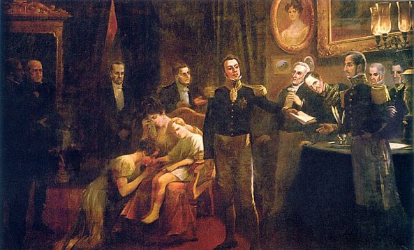 D. Pedro I entrega sua abdicação. Atrás dele a Imperatriz D. Amélia segura o pequeno Pedro II ao colo. 