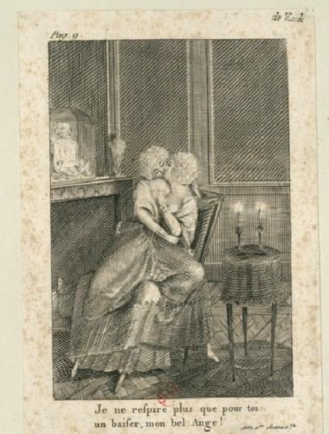Panfleto pornográfico retratando a rainha da França, Maria Antonieta, em um romance lésbico com a sua amiga, a duquesa de Polignac.