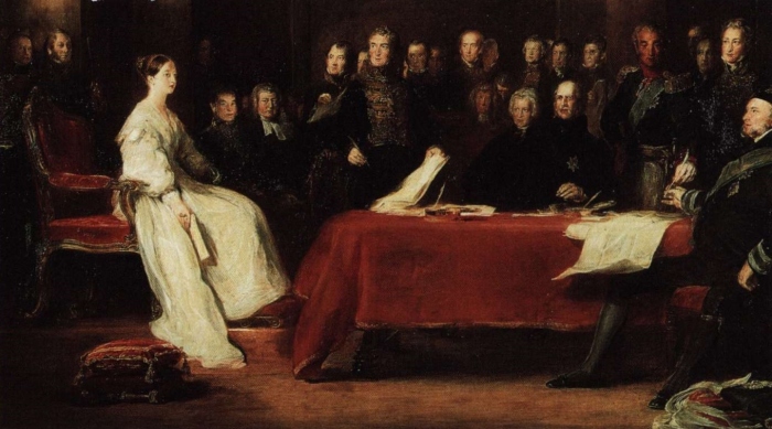 A jovem rainha Vitória presidindo sua primeira sessão com seu Concelho Privado.