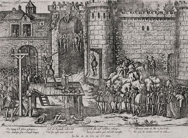Ilustração da execução dos conspiradores em Amboise, por Frans Hogenberg (século XVI). 