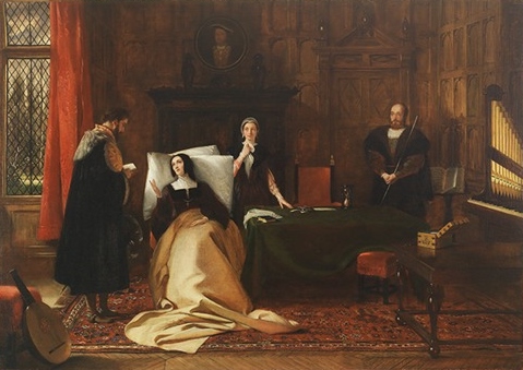 O embaixador imperial, Eustace Chapuys, visita Catarina de Aragão em seu leito de doente.