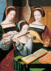 Damas tocando a flauta e o alaúde. A educação musical fazia parte do ensino delas. 